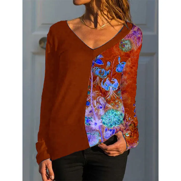 New V-neck long-sleeved positioning printing t-shirt