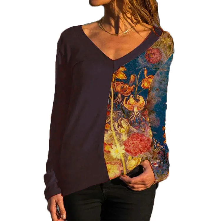 New V-neck long-sleeved positioning printing t-shirt