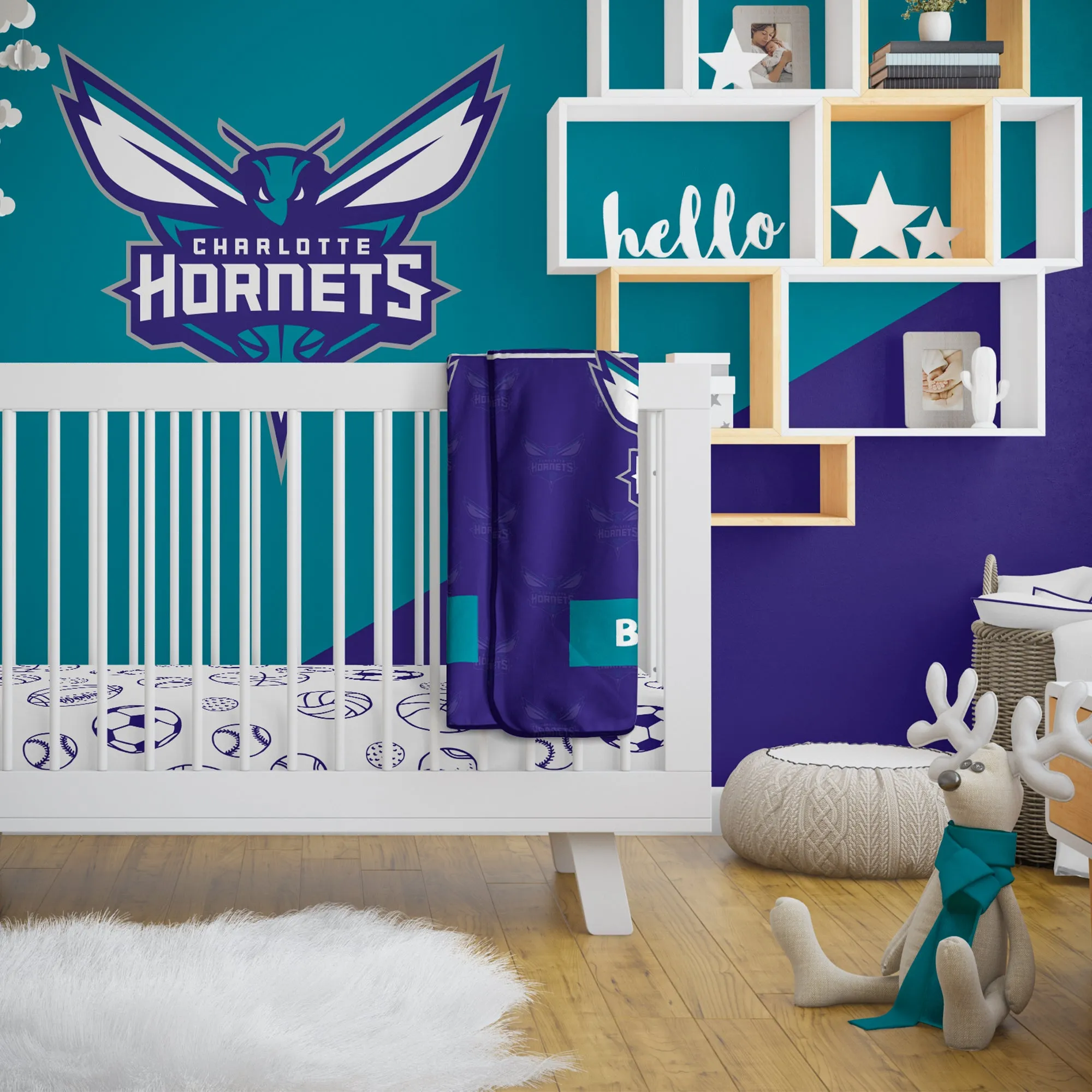 Personalized Charlotte Hornets Emblem Baby Pixel Fleece Blanket