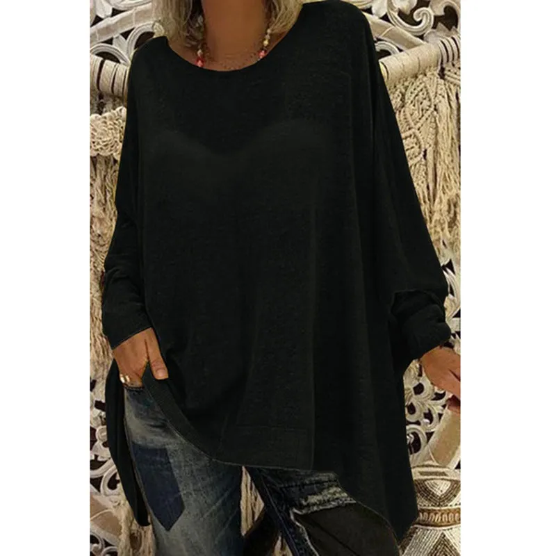 Solid color loose round neck long sleeve top T-shirt