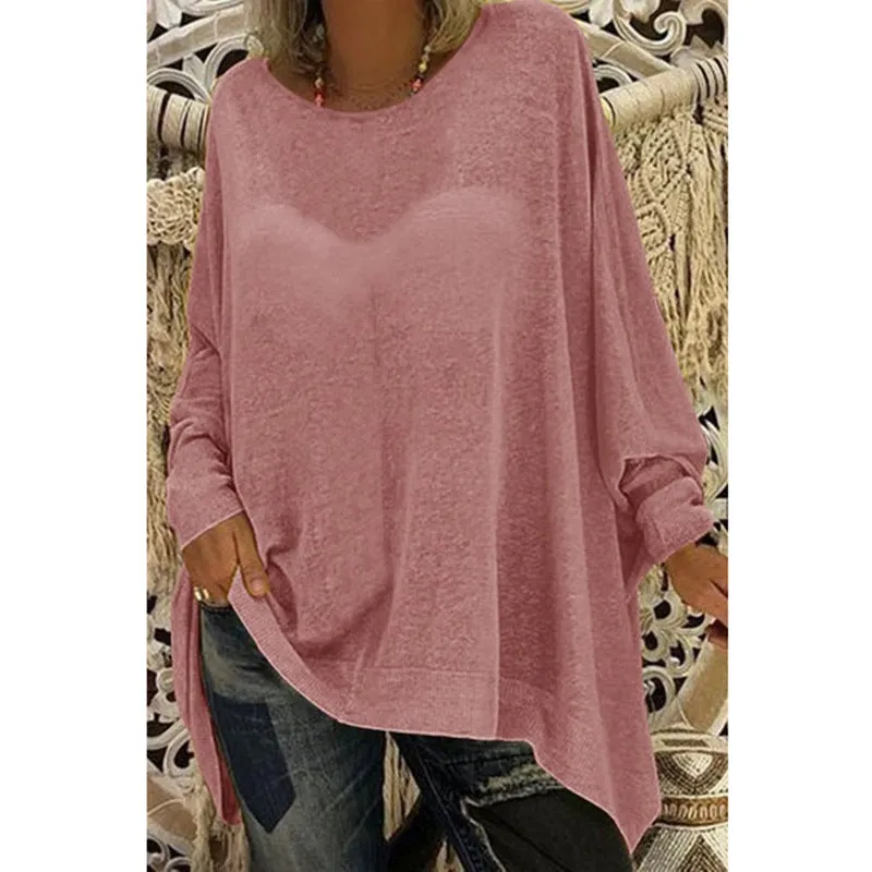 Solid color loose round neck long sleeve top T-shirt