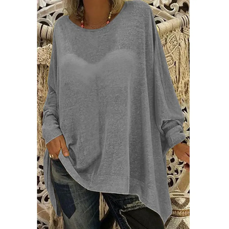 Solid color loose round neck long sleeve top T-shirt