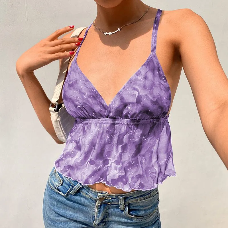 Starry sky ripple print contrast color mesh see-through camisole