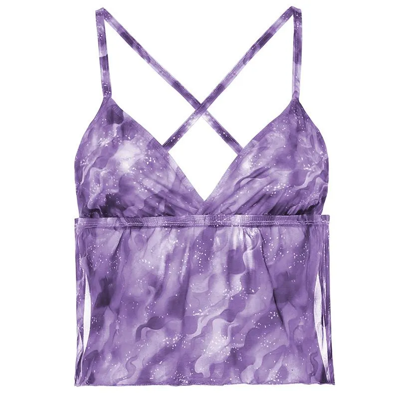 Starry sky ripple print contrast color mesh see-through camisole