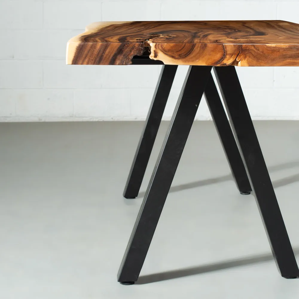 Suar Solid Wood Live Edge Table with Black Pyramid-Shaped Legs/Natural Color