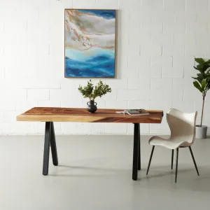 Suar Solid Wood Live Edge Table with Black Pyramid-Shaped Legs/Natural Color