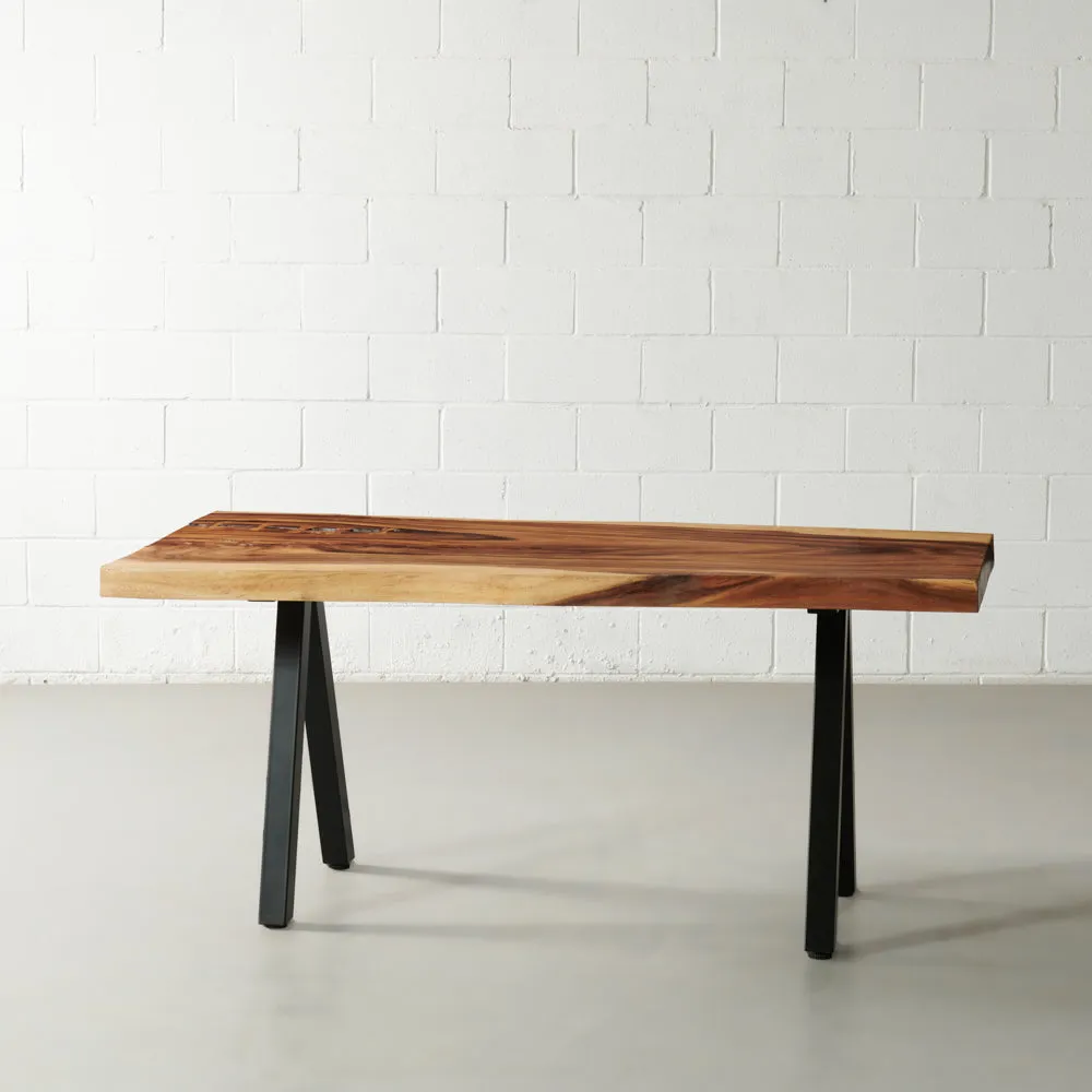 Suar Solid Wood Live Edge Table with Black Pyramid-Shaped Legs/Natural Color