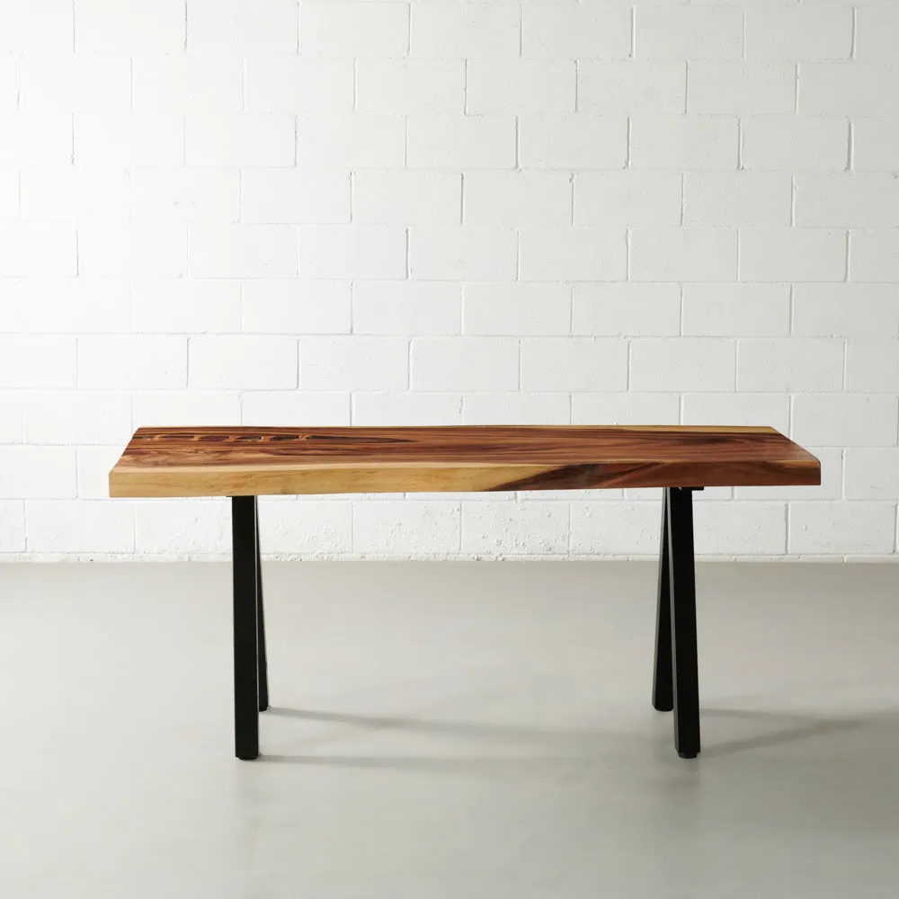 Suar Solid Wood Live Edge Table with Black Pyramid-Shaped Legs/Natural Color