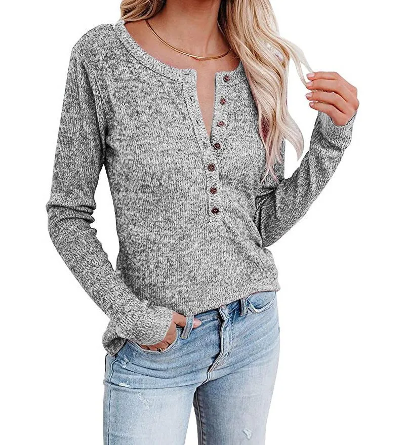 Women's chest button casual long-sleeved T-shirt