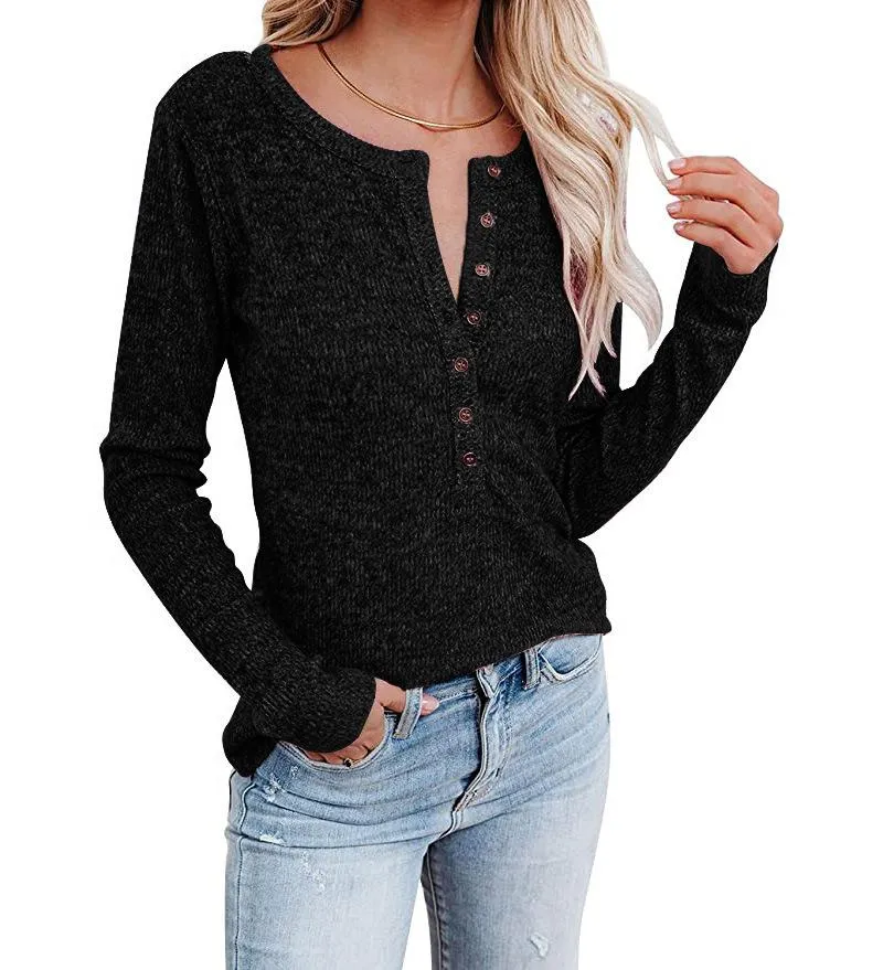 Women's chest button casual long-sleeved T-shirt